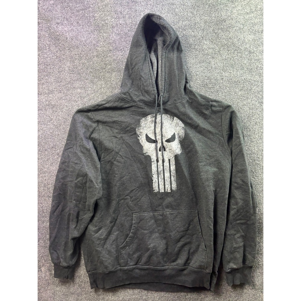 Marvel Punisher Hoodie Mens XXL Gray Distressed Skull Graphic Fleece Pullover